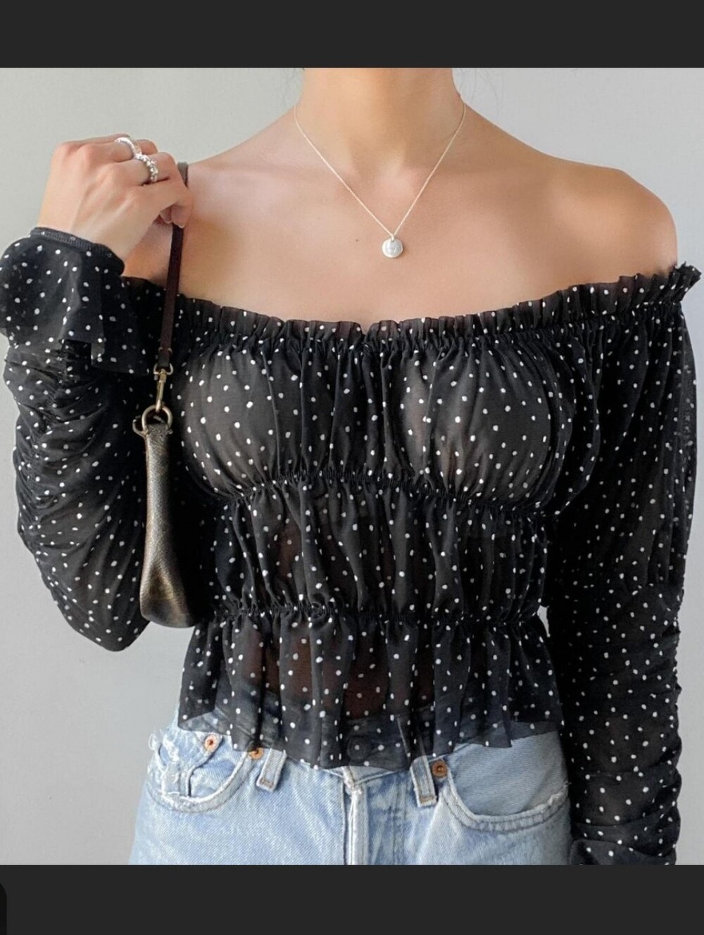Urban Outfitters Black Polka Dot Off-Shoulder Ruffle Blouse